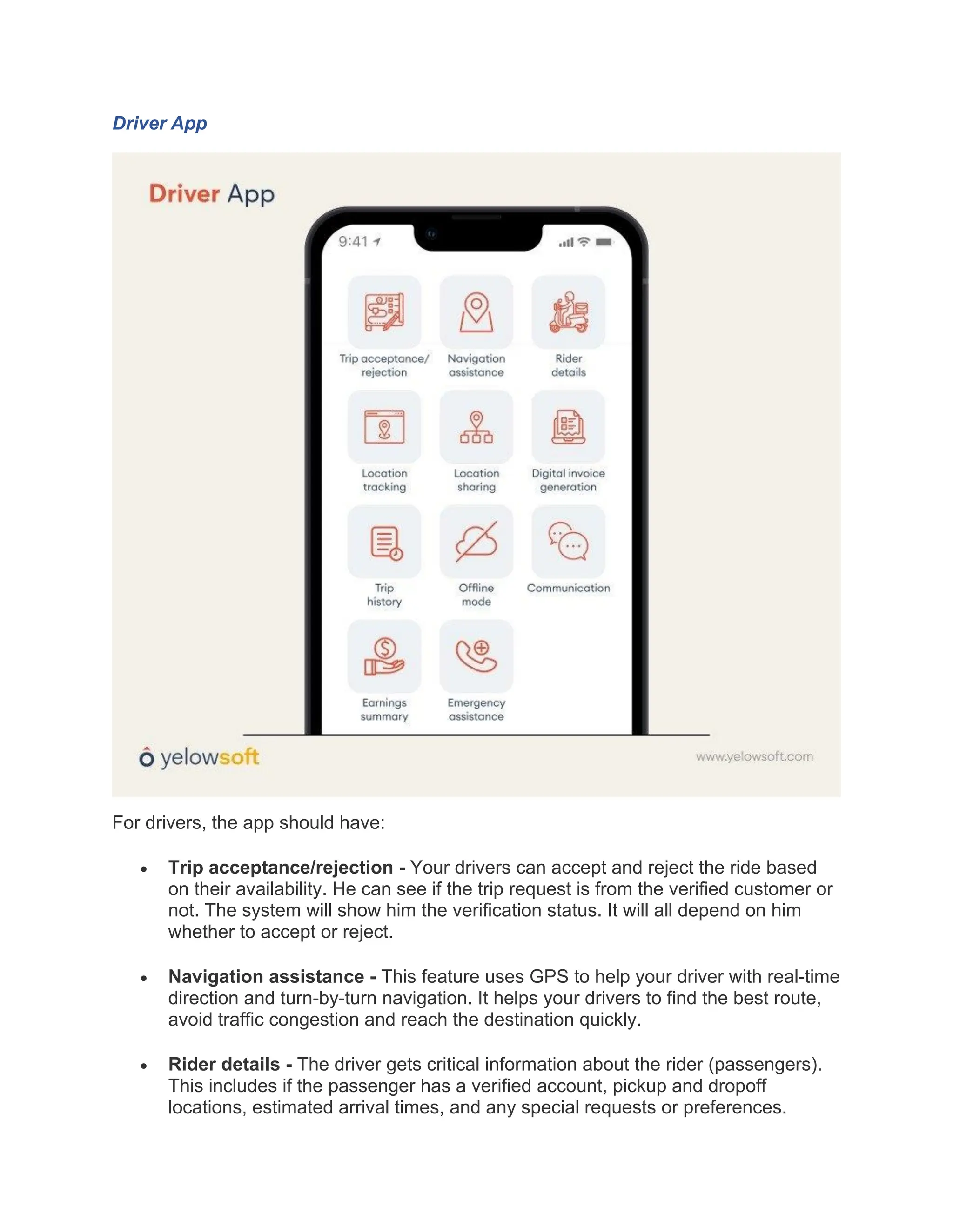 Driver App
For drivers, the app should have:
• Trip acceptance/rejection - Your drivers can accept and reject the ride based
on their availability. He can see if the trip request is from the verified customer or
not. The system will show him the verification status. It will all depend on him
whether to accept or reject.
• Navigation assistance - This feature uses GPS to help your driver with real-time
direction and turn-by-turn navigation. It helps your drivers to find the best route,
avoid traffic congestion and reach the destination quickly.
• Rider details - The driver gets critical information about the rider (passengers).
This includes if the passenger has a verified account, pickup and dropoff
locations, estimated arrival times, and any special requests or preferences.
 