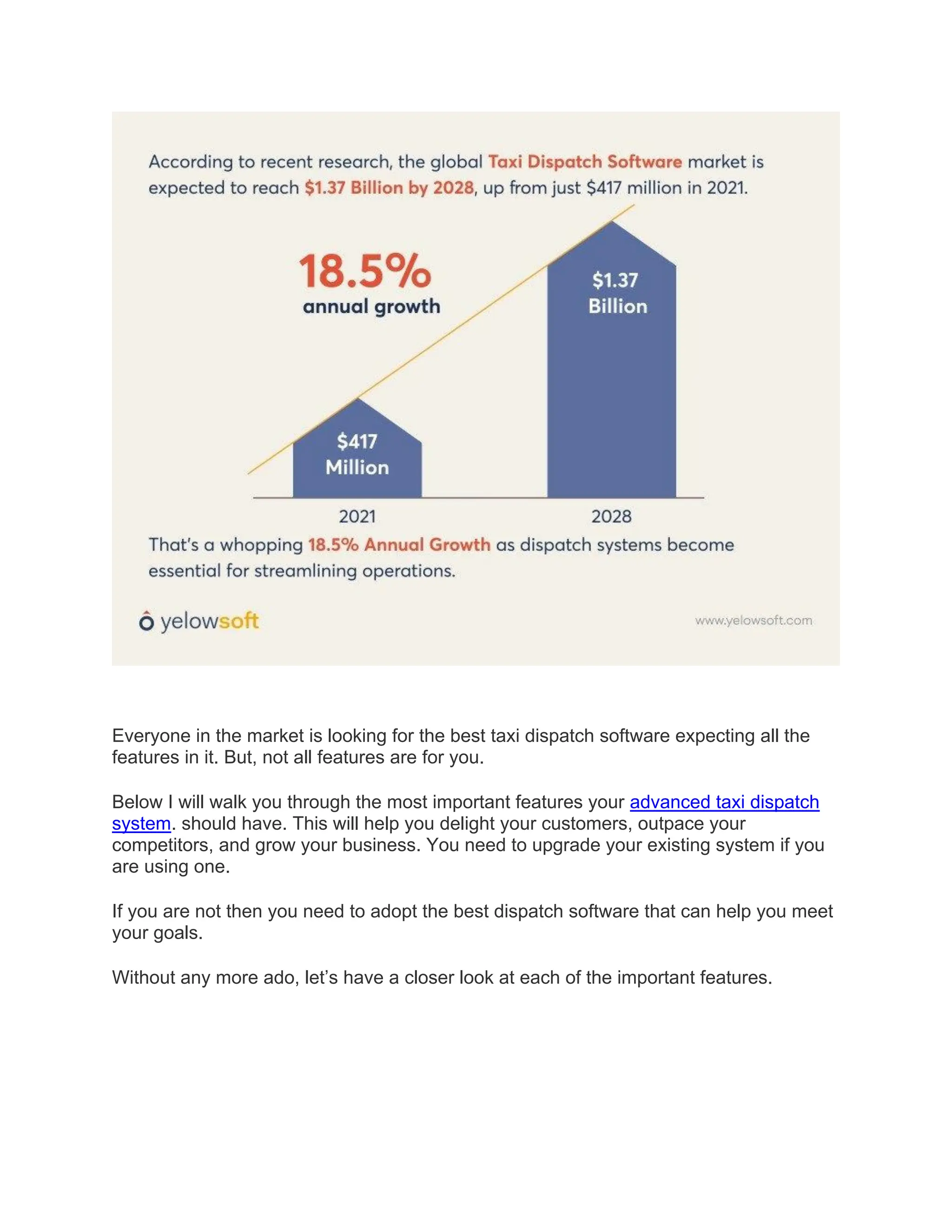 Everyone in the market is looking for the best taxi dispatch software expecting all the
features in it. But, not all features are for you.
Below I will walk you through the most important features your advanced taxi dispatch
system. should have. This will help you delight your customers, outpace your
competitors, and grow your business. You need to upgrade your existing system if you
are using one.
If you are not then you need to adopt the best dispatch software that can help you meet
your goals.
Without any more ado, let’s have a closer look at each of the important features.
 