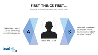 PORTFOLIOFIRST THINGS FIRST…
What type of LinkedIn profile do you currently have?
A B
THE RESUME PROFILE
So your LinkedIn profile
mirrors your resume or CV.
But are you on the job hunt?
THE SOCIAL SELL PROFILE
Your profile tells users that
you’re a field expert & engaging.
Unless you’re looking to get a
new job, this is our goal!
THIS IS YOU… AGAIN!
19
 