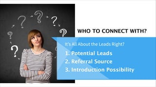 WHO TO CONNECT WITH?
It’s All About the Leads Right?
1. Potential Leads
2. Referral Source
3. Introduction Possibility
 