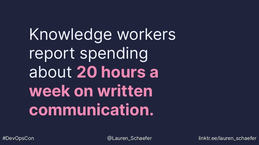 Knowledge workers
report spending
about 20 hours a
week on written
communication.
#DevOpsCon @Lauren_Schaefer linktr.ee/lauren_schaefer
 
