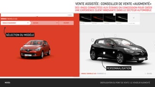 VENTE ASSISTÉE : CONSEILLER DE VENTE «AUGMENTÉ»
                       DES IPADS CONNECTÉES AUX ÉCRANS EN CONCESSION POUR CRÉER
                       UNE EXPÉRIENCE CLIENT INNOVANTE DANS LE SECTEUR AUTOMOBILE




 SÉLECTION DU MODÈLE




                                               PERSONNALISATION



MOOD:                                    DIGITALISATION DU POINT DE VENTE / LE VENDEUR AUGMENTÉ
 