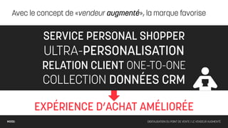 Avec le concept de «vendeur augmenté», la marque favorise


            SERVICE PERSONAL SHOPPER
            ULTRA-PERSONALISATION
           RELATION CLIENT ONE-TO-ONE
            COLLECTION DONNÉES CRM

         EXPÉRIENCE D’ACHAT AMÉLIORÉE
MOOD:                                     DIGITALISATION DU POINT DE VENTE / LE VENDEUR AUGMENTÉ
 