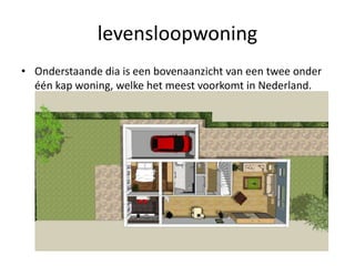 levensloopwoning
• Onderstaande dia is een bovenaanzicht van een twee onder
één kap woning, welke het meest voorkomt in Nederland.
 