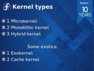 Kernel types
# 1 Microkernel
# 2 Monolithic kernel
# 3 Hybrid kernel
Some exotics:
# 1 Exokernel
# 2 Cache kernel
 