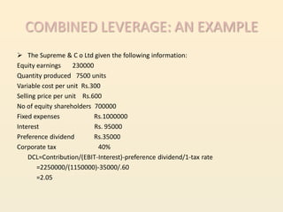 COMBINED LEVERAGE: AN EXAMPLE
 The Supreme & C o Ltd given the following information:
Equity earnings     230000
Quantity produced 7500 units
Variable cost per unit Rs.300
Selling price per unit Rs.600
No of equity shareholders 700000
Fixed expenses             Rs.1000000
Interest                   Rs. 95000
Preference dividend        Rs.35000
Corporate tax               40%
    DCL=Contribution/(EBIT-Interest)-preference dividend/1-tax rate
        =2250000/(1150000)-35000/.60
        =2.05
 