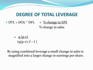 DEGREE OF TOTAL LEVERAGE
 DTL = DOL * DFL = % change in EPS
% change in sales
= q (p-v)
(q(p-v)–f – I )
By using combined leverage a small change in sales is
magnified into a larger change in earnings per share.
 