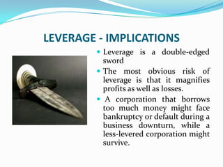 LEVERAGE - IMPLICATIONS
 Leverage is a double-edged
sword
 The most obvious risk of
leverage is that it magnifies
profits as well as losses.
 A corporation that borrows
too much money might face
bankruptcy or default during a
business downturn, while a
less-levered corporation might
survive.
 