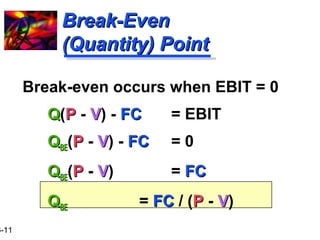16-11 
BBrreeaakk--EEvveenn 
((QQuuaannttiittyy)) PPooiinntt 
Break-even occurs when EBIT = 0 
QQ(PP - VV) - FFCC = EBIT 
QQBBEE(PP - VV) - FFCC = 0 
QQBBEE(PP - VV) = FFCC 
QQBBEE = FFCC / (PP - VV) 
 