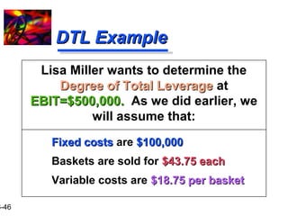 16-46 
DDTTLL EExxaammppllee 
Lisa Miller wants to determine the 
DDeeggrreeee ooff TToottaall LLeevveerraaggee at 
EEBBIITT==$$550000,,000000.. As we did earlier, we 
will assume that: 
FFiixxeedd ccoossttss are $$110000,,000000 
Baskets are sold for $$4433..7755 eeaacchh 
Variable costs are $$1188..7755 ppeerr bbaasskkeett 
 