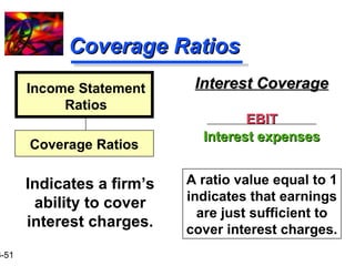 16-51 
CCoovveerraaggee RRaattiiooss 
IInntteerreesstt CCoovveerraaggee 
EEBBIITT 
IInntteerreesstt eexxppeennsseess 
Income Statement 
Ratios 
Coverage Ratios 
Indicates a firm’s 
ability to cover 
interest charges. 
A ratio value equal to 1 
indicates that earnings 
are just sufficient to 
cover interest charges. 
 