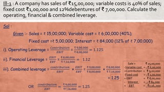 Ill-1 : A company has sales of ₹15,00,000; variable costs is 40% of sales;
fixed cost ₹1,00,000 and 12%debentures of ₹ 7,00,000. Calculate the
operating, financial & combined leverage.
Sol :
Given :- Sales = ₹ 15,00,000; Variable cost = ₹ 6,00,000 (40%);
Fixed cost =₹ 5,00,000; Interest = ₹ 84,000 (12% of ₹ 7,00,000)
i). Operating Leverage =
𝐶𝑜𝑛𝑡𝑟𝑖𝑏𝑢𝑡𝑖𝑜𝑛
𝐸𝐵𝐼𝑇
=
₹ 9,00,000
₹ 8,00,000
= 1.125
ii). Financial Leverage =
𝐸𝐵𝐼𝑇
𝐸𝐵𝑇
=
₹ 8,00,000
₹ 7,16,000
= 1.12
iii). Combined leverage =
𝑐𝑜𝑛𝑡𝑟𝑖𝑏𝑢𝑡𝑖𝑜𝑛
𝐸𝐵𝐼𝑇
×
𝐸𝐵𝐼𝑇
𝐸𝐵𝑇
=
₹ 9,00,000
₹ 8,00,000
×
₹ 8,00,000
₹ 7,16,000
= 1.25
OR
𝑐𝑜𝑛𝑡𝑟𝑖𝑏𝑢𝑡𝑖𝑜𝑛
𝐸𝐵𝑇
=
₹ 9,00,000
₹7,16,000
= 1.25
Sale = ₹ 15,00,000
-Variable cost = - ₹ 6,00,000
=Contribution = ₹ 9,00,000
-Fixed cost = - ₹ 1,00,000
= EBIT = ₹ 8,00,000
- Interest = - ₹ 84,000
= EBT = ₹7,16,,000
 