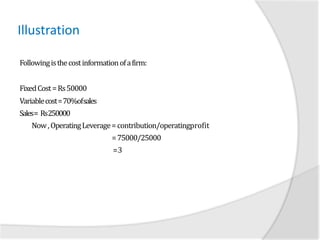 Illustration
Followingisthecostinformationofafirm:
FixedCost=Rs50000
Variablecost=70%ofsales
Sales= Rs250000
 Now,OperatingLeverage=contribution/operatingprofit
 =75000/25000
 =3
 