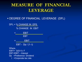 MEASURE OF FINANCIAL
LEVERAGE
 DEGREE OF FINANCIAL LEVERAGE (DFL)
DFL = % CHANGE IN EPS
% CHANGE IN EBIT
= EBIT
EBT
= EBIT
EBT - Dp / (1- t)
Where,
EBIT= Q(S-V)- F
EBT=EBIT – Interest
Dp =Preference Dividend
t =Corporate tax rate
 