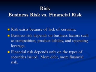 Risk
Business Risk vs. Financial Risk
 Risk exists because of lack of certainty.
 Business risk depends on business factors such
as competition, product liability, and operating
leverage.
 Financial risk depends only on the types of
securities issued: More debt, more financial
risk.
 