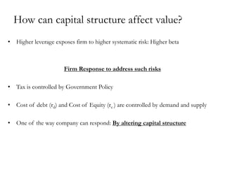 How can capital structure affect value?
• Higher leverage exposes firm to higher systematic risk: Higher beta
Firm Response to address such risks
• Tax is controlled by Government Policy
• Cost of debt (rd) and Cost of Equity (re ) are controlled by demand and supply
• One of the way company can respond: By altering capital structure
 