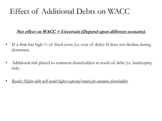 Effect of Additional Debts on WACC
Net effect on WACC = Uncertain (Depend upon different scenario).
• If a firm has high % of fixed costs (i.e. cost of debt): It does not decline during
downturn.
• Additional risk placed to common shareholders as result of debt (i.e. bankruptcy
risk).
• Result: Higher debt will result higher expected return for common shareholders
 