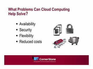 What Problems Can Cloud Computing
Help Solve? 
 Availability
 Security
 Flexibility
 Reduced costs
 