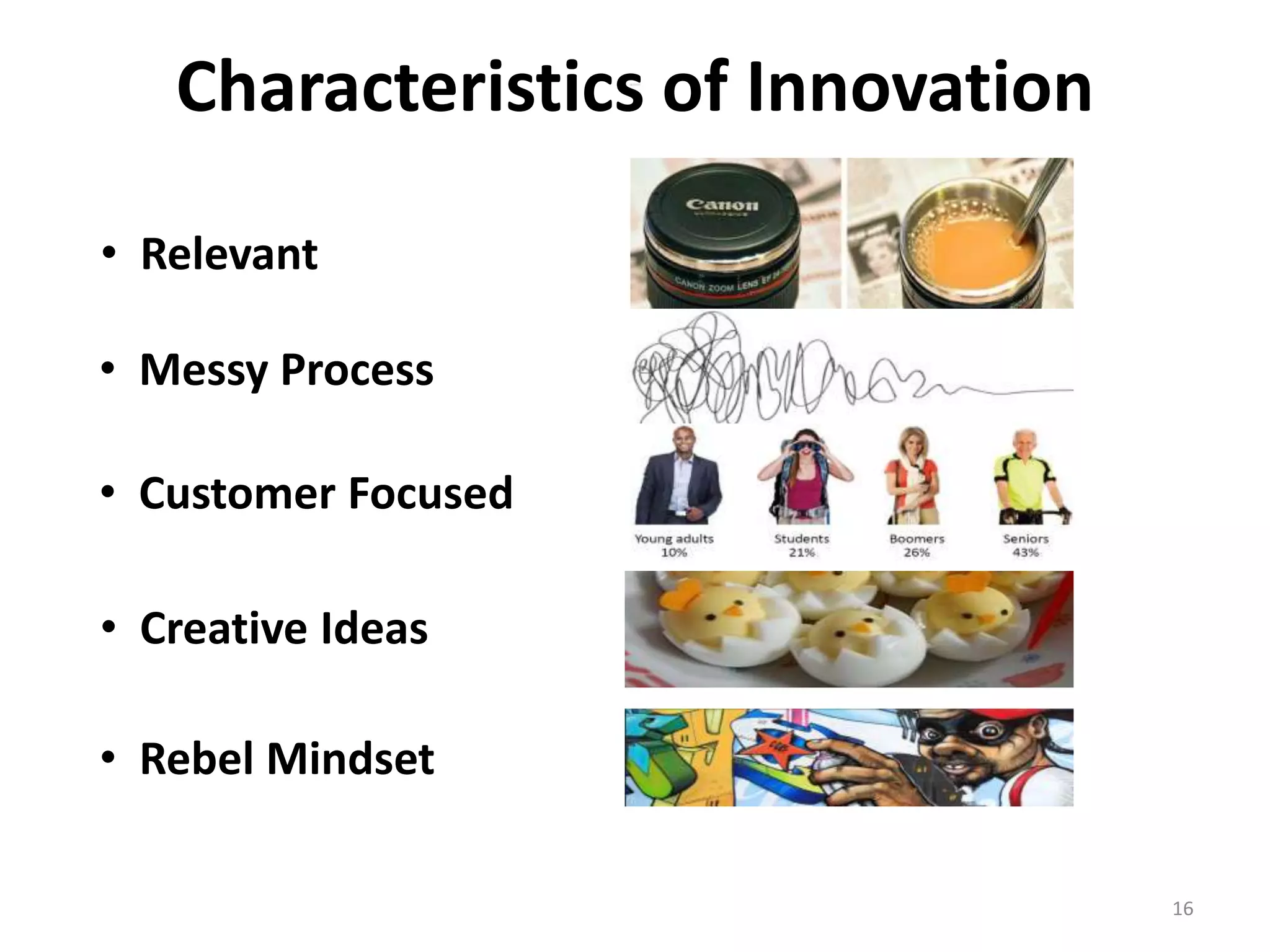 Characteristics of Innovation 
• Relevant 
• Messy Process 
• Customer Focused 
• Creative Ideas 
• Rebel Mindset 
16 
 