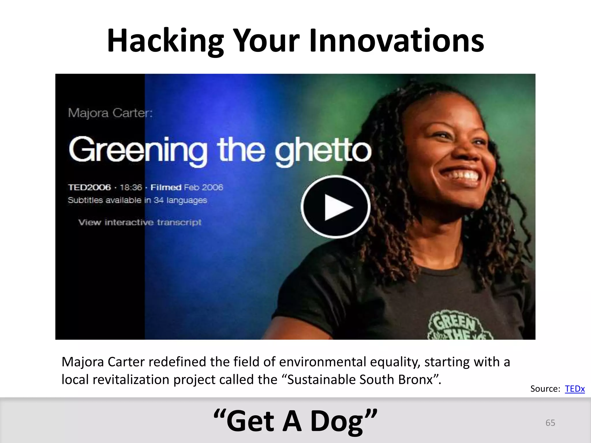 Hacking Your Innovations 
Majora Carter redefined the field of environmental equality, starting with a 
local revitalization project called the “Sustainable South Bronx”. 
“Get A Dog” 
Source: TEDx 
65 
 