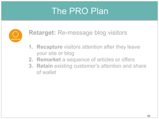 The PRO Plan

Retarget: Re-message blog visitors

1. Recapture visitors attention after they leave
   your site or blog
2. Remarket a sequence of articles or offers
3. Retain existing customer’s attention and share
   of wallet




                                                    44
 