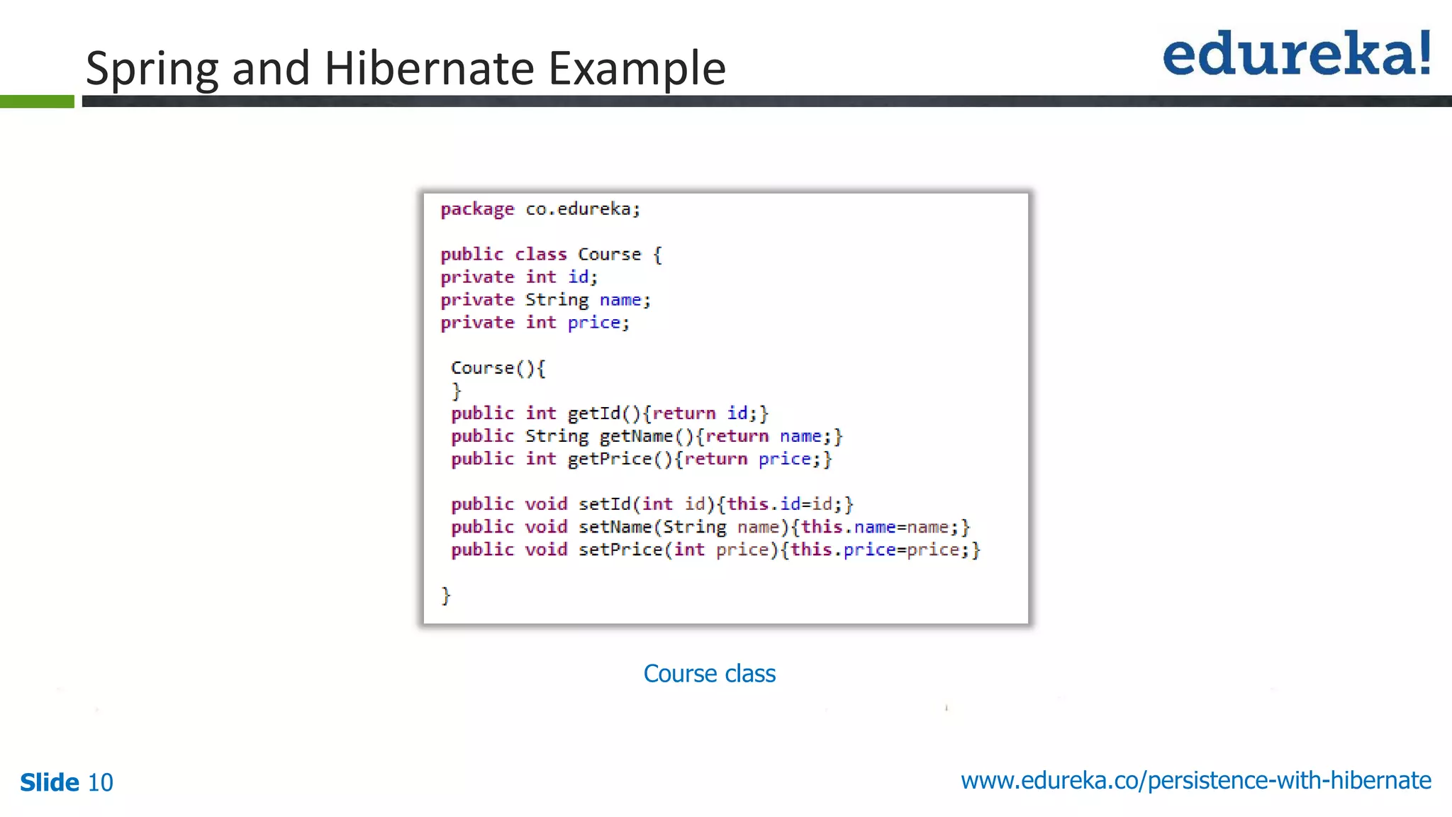 Slide 10 www.edureka.co/persistence-with-hibernate
Course class
Spring and Hibernate Example
 