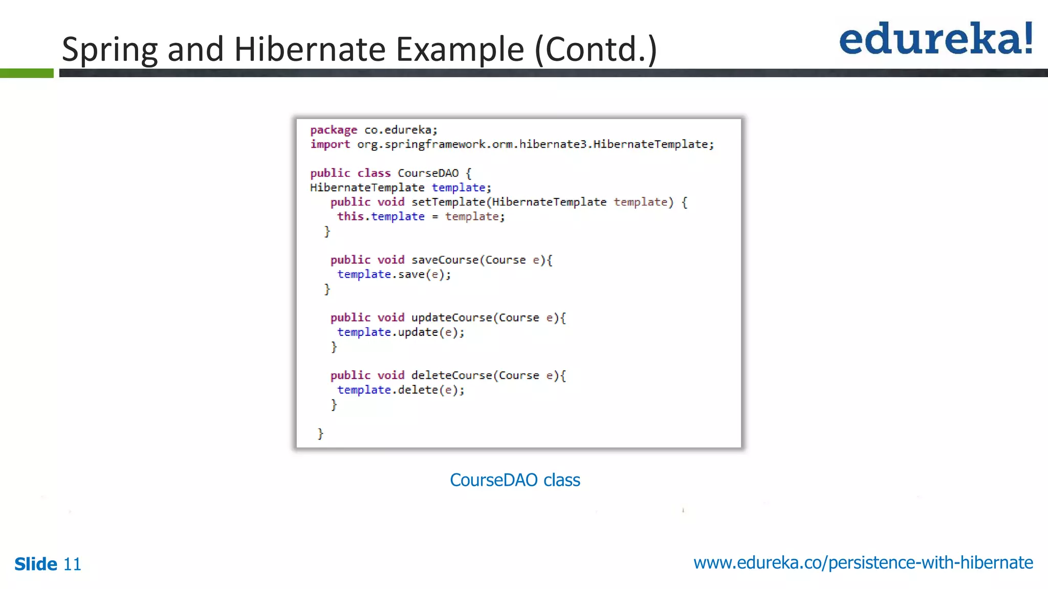 Slide 11 www.edureka.co/persistence-with-hibernate
CourseDAO class
Spring and Hibernate Example (Contd.)
 