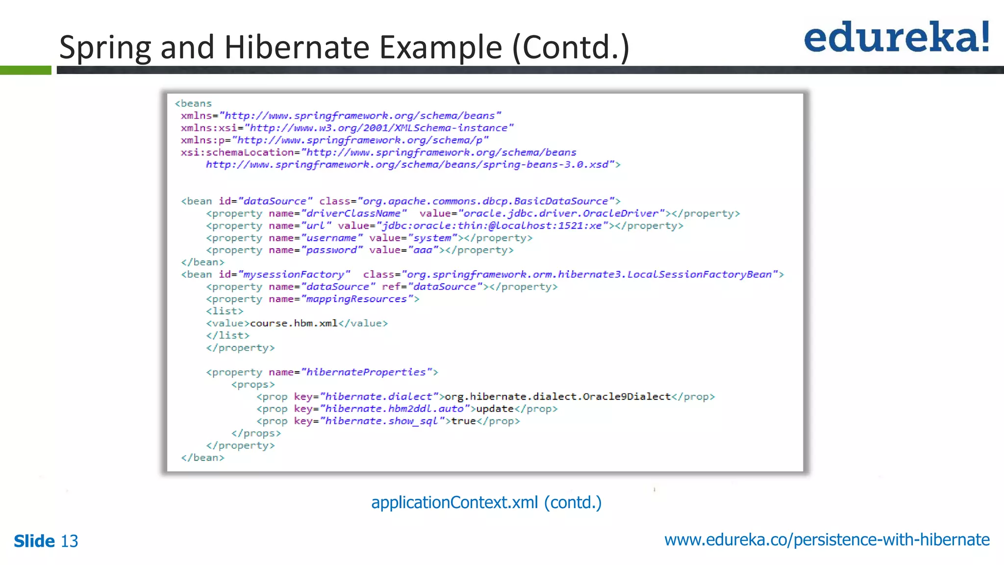 Slide 13 www.edureka.co/persistence-with-hibernate
applicationContext.xml (contd.)
Spring and Hibernate Example (Contd.)
 