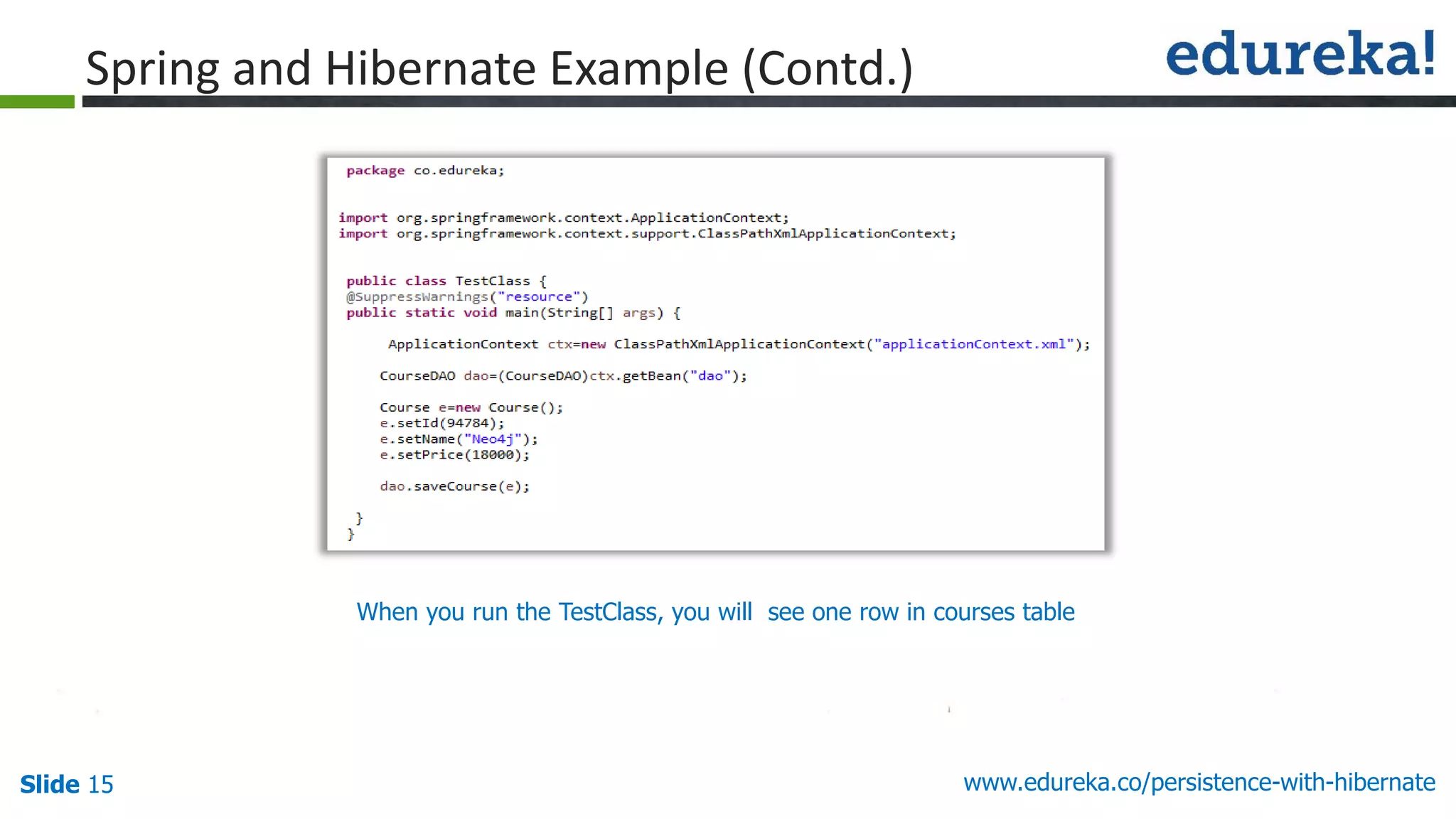 Slide 15 www.edureka.co/persistence-with-hibernate
When you run the TestClass, you will see one row in courses table
Spring and Hibernate Example (Contd.)
 