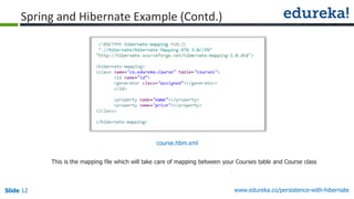 Slide 12 www.edureka.co/persistence-with-hibernate
This is the mapping file which will take care of mapping between your Courses table and Course class
course.hbm.xml
Spring and Hibernate Example (Contd.)
 