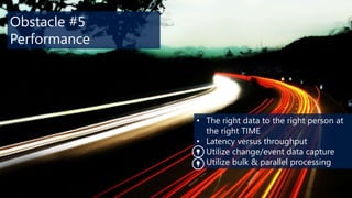 Obstacle #5
Performance

• The right data to the right person at
the right TIME
• Latency versus throughput
• Utilize change/event data capture
• Utilize bulk & parallel processing

 