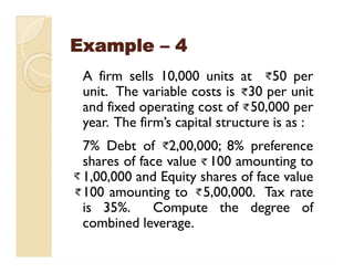 ExampleExample –– 44
A firm sells 10,000 units at 50 per
unit. The variable costs is 30 per unit
and fixed operating cost of 50,000 per
year. The firm’s capital structure is as :
7% Debt of 2,00,000; 8% preference
shares of face value 100 amounting to
1,00,000 and Equity shares of face value
100 amounting to 5,00,000. Tax rate
is 35%. Compute the degree of
combined leverage.
A firm sells 10,000 units at 50 per
unit. The variable costs is 30 per unit
and fixed operating cost of 50,000 per
year. The firm’s capital structure is as :
7% Debt of 2,00,000; 8% preference
shares of face value 100 amounting to
1,00,000 and Equity shares of face value
100 amounting to 5,00,000. Tax rate
is 35%. Compute the degree of
combined leverage.
 