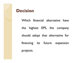 DecisionDecision
Which financial alternative have
the highest EPS, the company
should adopt that alternative for
financing its future expansion
projects.
Which financial alternative have
the highest EPS, the company
should adopt that alternative for
financing its future expansion
projects.
 