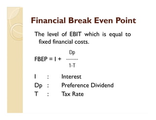 Financial Break Even PointFinancial Break Even Point
The level of EBIT which is equal to
fixed financial costs.
FBEP = I +
I : Interest
Dp : Preference Dividend
T : Tax Rate
Dp
--------
1-T
The level of EBIT which is equal to
fixed financial costs.
FBEP = I +
I : Interest
Dp : Preference Dividend
T : Tax Rate
Dp
--------
1-T
 