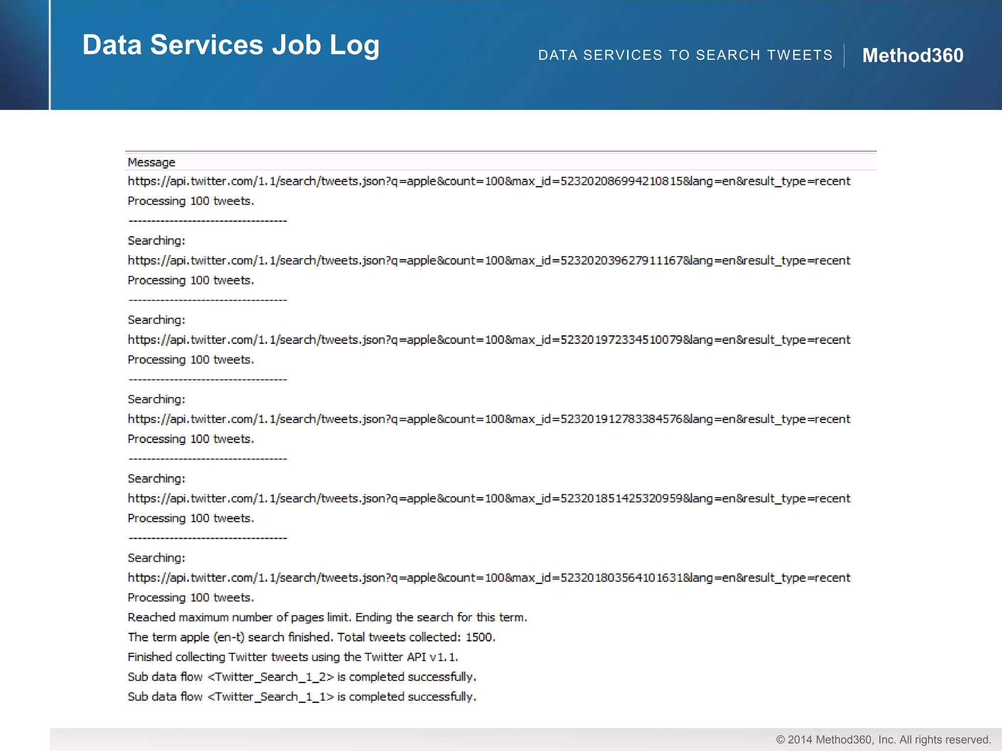 © 2014 Method360, Inc. All rights reserved. 
Method360 
Data Services Job Log 
DATA SERVICES TO SEARCH TWEETS  