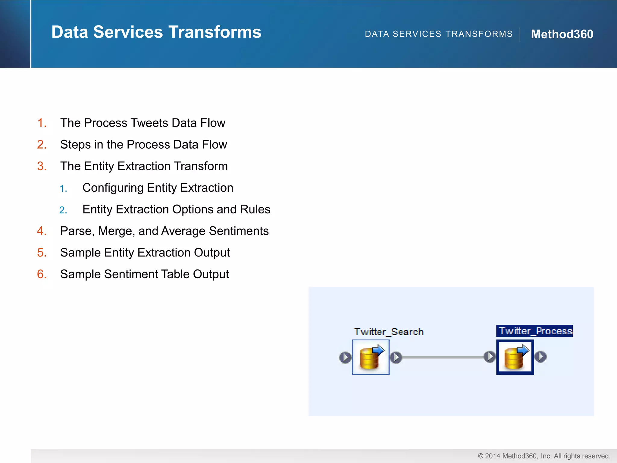 © 2014 Method360, Inc. All rights reserved. 
Method360 
DATA SERVICES TRANSFORMS 
Data Services Transforms 
1.The Process Tweets Data Flow 
2.Steps in the Process Data Flow 
3.The Entity Extraction Transform 
1.Configuring Entity Extraction 
2.Entity Extraction Options and Rules 
4.Parse, Merge, and Average Sentiments 
5.Sample Entity Extraction Output 
6.Sample Sentiment Table Output  