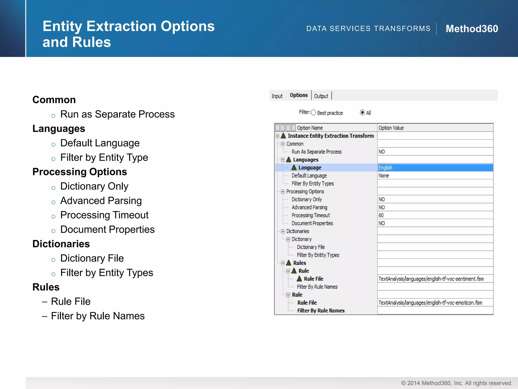 © 2014 Method360, Inc. All rights reserved. 
Method360 
Entity Extraction Options and Rules 
Common 
oRun as Separate Process 
Languages 
oDefault Language 
oFilter by Entity Type 
Processing Options 
oDictionary Only 
oAdvanced Parsing 
oProcessing Timeout 
oDocument Properties 
Dictionaries 
oDictionary File 
oFilter by Entity Types 
RulesRule FileFilter by Rule Names 
DATA SERVICES TRANSFORMS  