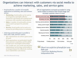 Organizations can interact with customers via social media to
         achieve marketing, sales, and service gains
• Social media has a number of invaluable              67% of organizations surveyed succeeded in using
  applications in marketing, sales and customer         social media to enhance their brand image and
  service:                                                      increase customer share of mind
  • Marketing: Social media can be used as
     an inexpensive and highly effective              Building positive brand image         14                   53                       12              21

     channel for advertising and creating brand
                                                             Increasing mind share         12                    55                       8              24
     awareness with customers and prospects.
  • Sales: A number of social media services        Improving customer satisfaction    7                    56                            20                  18

     can be used to prospect for potential
                                                         Gaining customer insights          13              38                       15                  24
     clients.
  • Service: Social media can be used as an           Increasing customer retention        10          38                       20                  33
     avenue for providing service to customers.
                                                              Customer acquisition     6           39                      16                   40

• Achieving social media gains is possible in             Reducing cost of service 2              39                       24                       35
  both a B2C, B2B, and G2C context.:
                                                                Increasing revenue     6          31                  17                       46
  • B2C organizations can achieve gains across
     all areas.                                                                       0%         20%         40%                60%            80%                 100%
  • B2B organizations can particularly benefit
     from customer acquisition and the ability           Fully achieved       Partially achieved             Did not achieve                    Not a goal
     to build more meaningful relationships.                                                                                                                       N=64




                                                        “
  • G2C, health care, non-profit and education
     organizations can leverage social media as                 There’s an awful lot of benefit for very



                                                                                                                                                         ”
     an integral channel for effectively reaching
                                                                little cost.
     out to stakeholders and citizens.
                                                                - Carol Voss, Marketing Director,
                                                                Independence First
  Info-Tech Research Group                                                                                                                                    11
 
