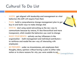 Cultural To Do List

1.    ALIGN: get aligned with leadership and management on what
      behaviors this shift will requi...