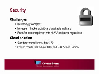 Security
Challenges
    Increasingly complex
    Increase in hacker activity and available malware
    Fines for non-compliance with HIPAA and other regulations
Cloud solution
    Standards compliance / SaaS 70
    Proven results for Fortune 1000 and U.S. Armed Forces
 