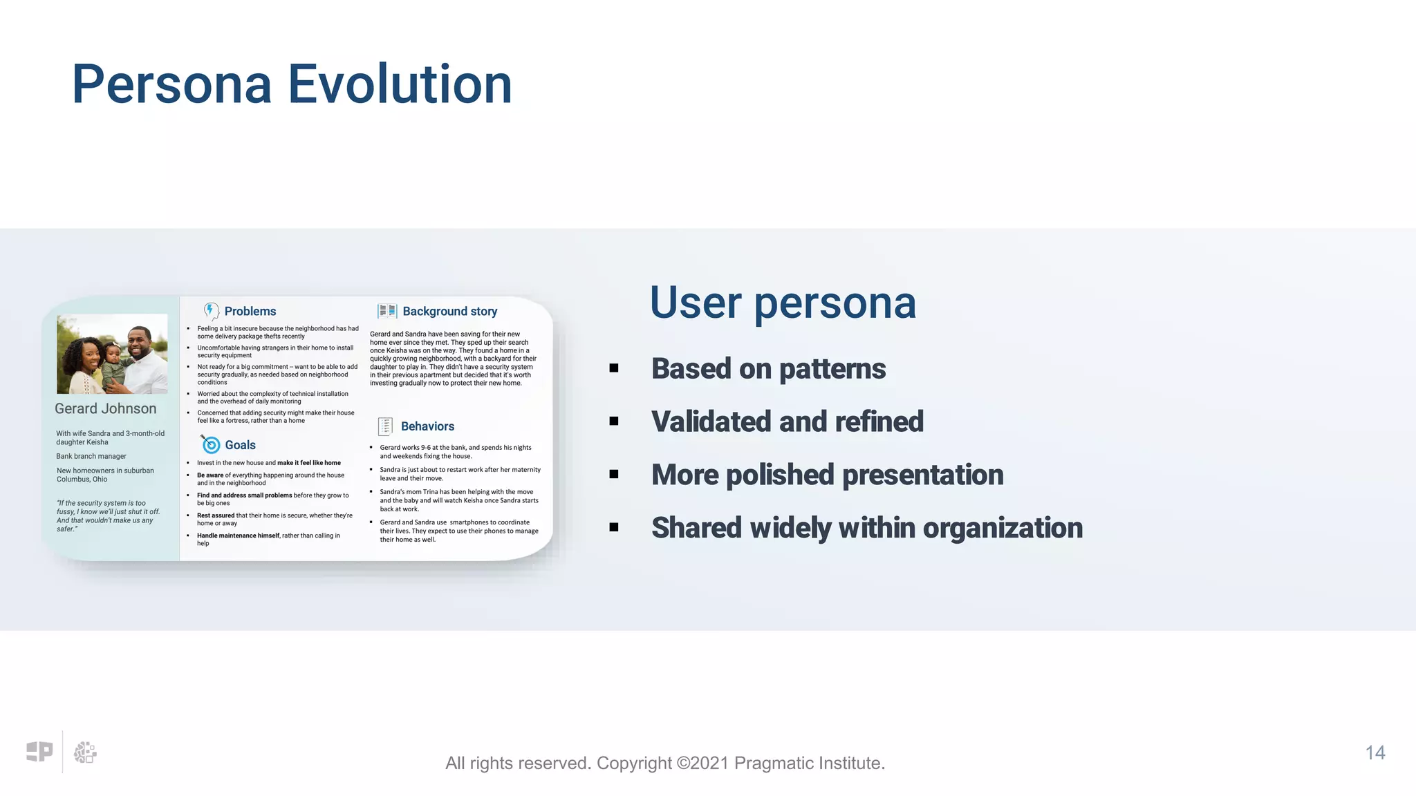 14
User persona
 Based on patterns
 Validated and refined
 More polished presentation
 Shared widely within organization
Persona Evolution
All rights reserved. Copyright ©2021 Pragmatic Institute.
 