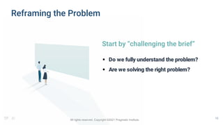 16
Start by “challenging the brief”
 Do we fully understand the problem?
 Are we solving the right problem?
Reframing the Problem
All rights reserved. Copyright ©2021 Pragmatic Institute.
 