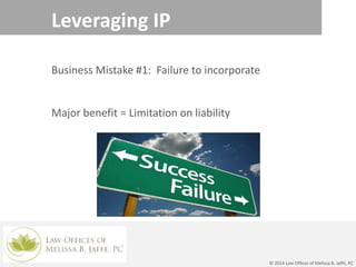 Leveraging IP
Business Mistake #1: Failure to incorporate
Major benefit = Limitation on liability
© 2014 Law Offices of Melissa B. Jaffe, PC
 