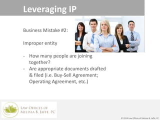 Leveraging IP
Business Mistake #2:
Improper entity
- How many people are joining
together?
- Are appropriate documents drafted
& filed (i.e. Buy-Sell Agreement;
Operating Agreement, etc.)
© 2014 Law Offices of Melissa B. Jaffe, PC
 