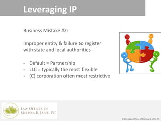 Leveraging IP
Business Mistake #2:
Improper entity & failure to register
with state and local authorities
- Default = Partnership
- LLC = typically the most flexible
- (C) corporation often most restrictive
© 2014 Law Offices of Melissa B. Jaffe, PC
 