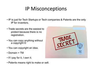 IP Misconceptions
• IP is just for Tech Startups or Tech companies & Patents are the only
IP for inventors.
• Trade secrets are the easiest to
protect because there is no
registration.
• You can copy anything without
a copyright ©
• You can copyright an idea.
• Domain = TM
• If I pay for it, I own it.
• Patents means right to make or sell.
 