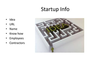 • Idea
• URL
• Name
• Know how
• Employees
• Contractors
Startup Info
 