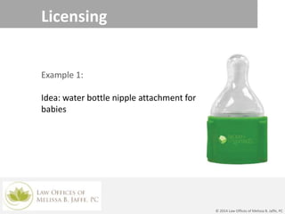 Licensing
Example 1:
Idea: water bottle nipple attachment for
babies
© 2014 Law Offices of Melissa B. Jaffe, PC
 