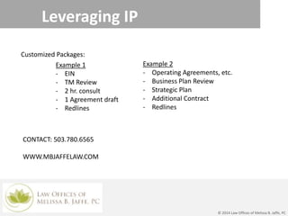 Leveraging IP
© 2014 Law Offices of Melissa B. Jaffe, PC
Customized Packages:
Example 1
- EIN
- TM Review
- 2 hr. consult
...