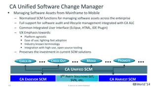 13 
© 2014 CA. ALL RIGHTS RESERVED. 
CA Unified Software Change Manager 
Managing Software Assets from Mainframe to Mobile 
–Normalized SCM functions for managing software assets across the enterprise 
–Full support for software audit and lifecycle management integrated with CA ALC 
–Common Integrated User Interface (Eclipse, HTML, IDE Plugin) 
–UX Emphasis towards: 
Platform agnostic 
Ease of use; lighting-fast adoption 
Industry known terminology 
Integration with high-use, open source tooling 
–Preserves the investment in current SCM solutions 
CA ENDEVORSCM 
CA HARVESTSCM 
CHECK-IN 
CHECK-OUT 
MERGE 
PROMOTE 
••• 
••• 
••• 
••• 
CA UNIFIEDSCM 
3RDPARTYSOLUTIONSGIT, SVN, etc.  